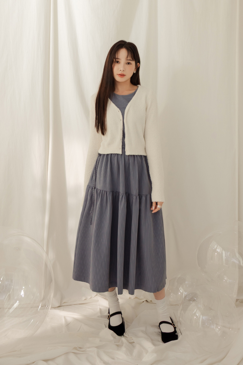 知性條紋側綁帶洋裝