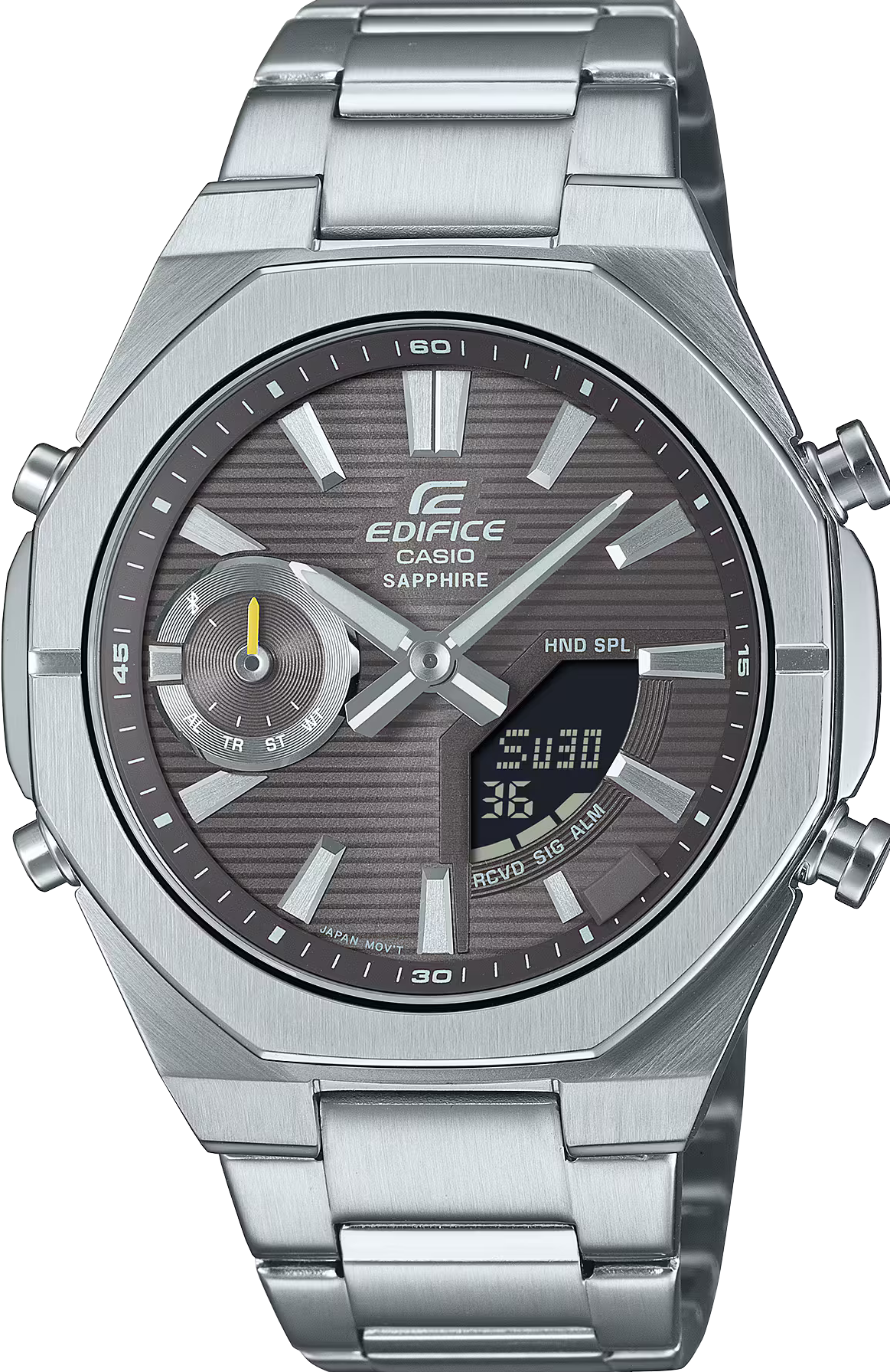 萬年鐘錶 - CASIO 卡西歐 EDIFICE 系列   纖薄輕巧經典灰八角錶圈賽車運動藍芽雙顯男錶 ECB-S10D-8A 錶徑 : 43MM