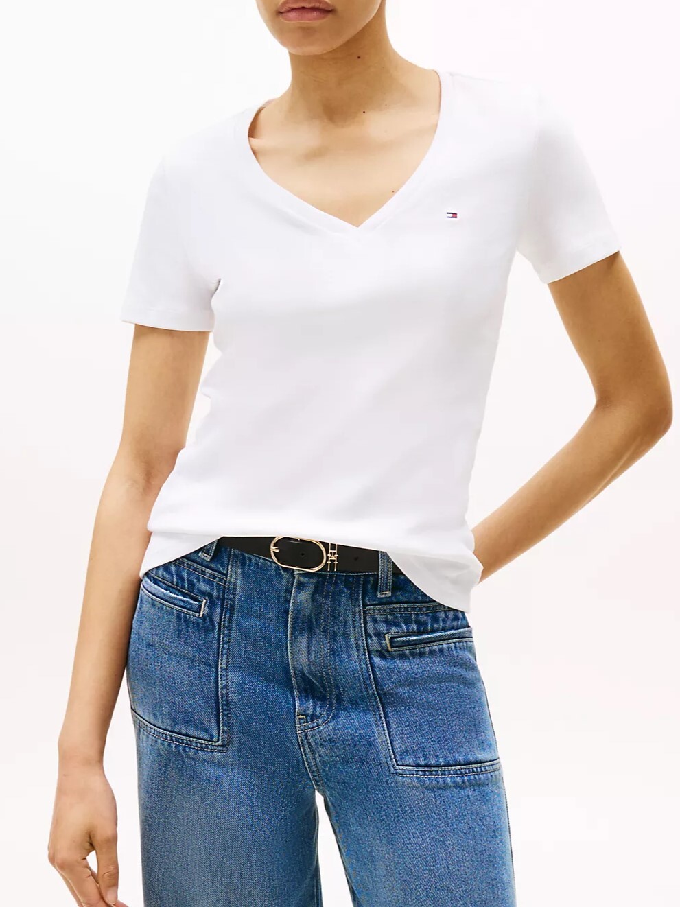 [S] TOMMY HILFIGER ESSENTIAL FAVORITE V-NECKT T-SHIRT,WHITE, 7648538-101 (STH170)