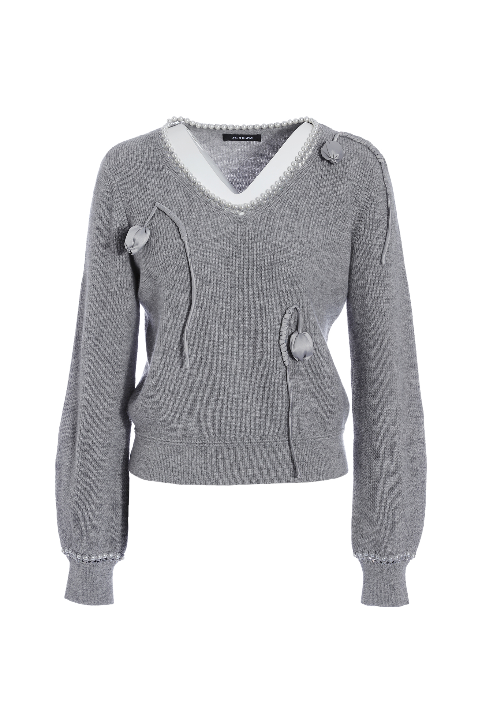 BE15217A1 緞光微韻珍珠緞面花苞結飾針織上衣 (2色)