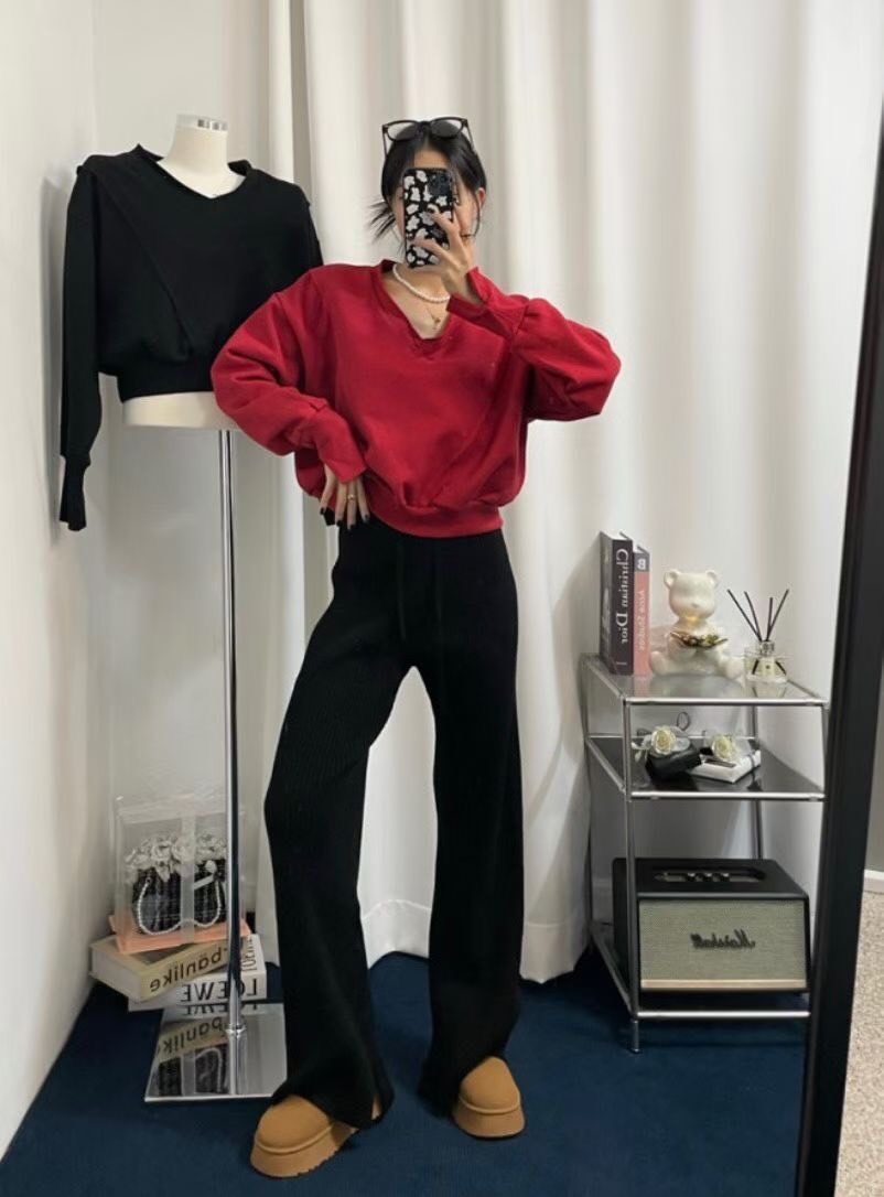 坑條針織綁帶長褲