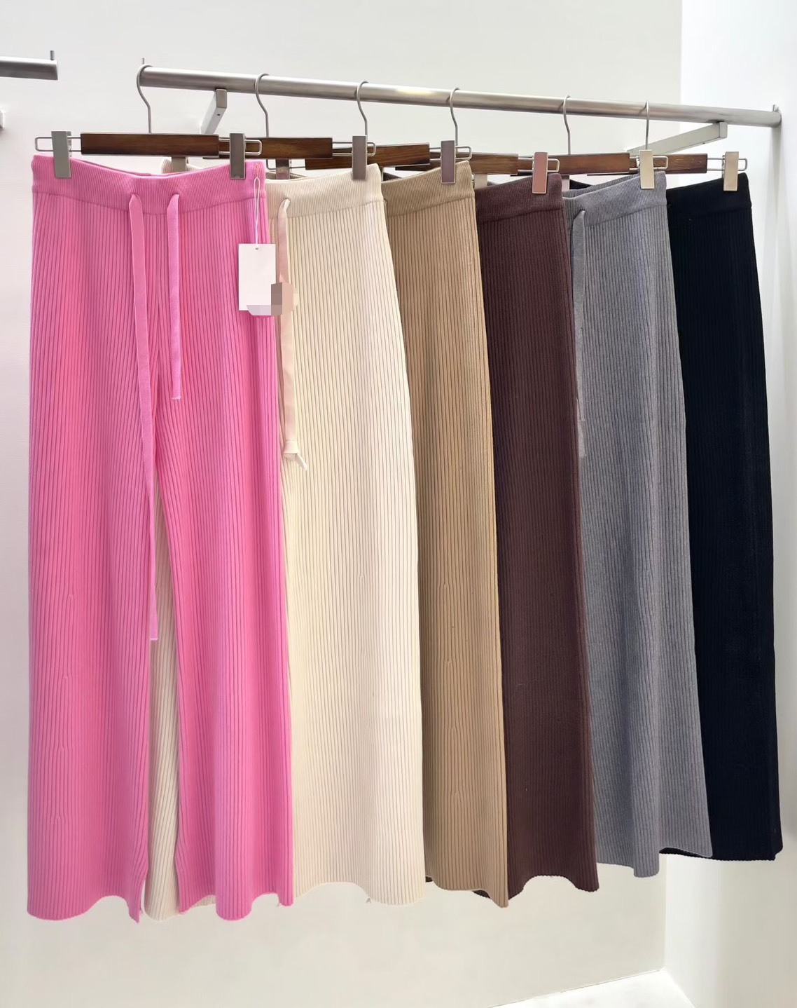 坑條針織綁帶長褲