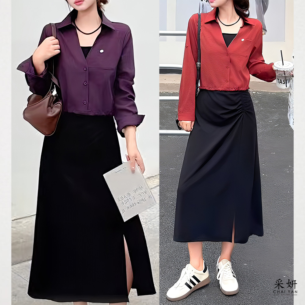 二件式 深V長袖襯衫上衣+寬肩帶方領長洋裝