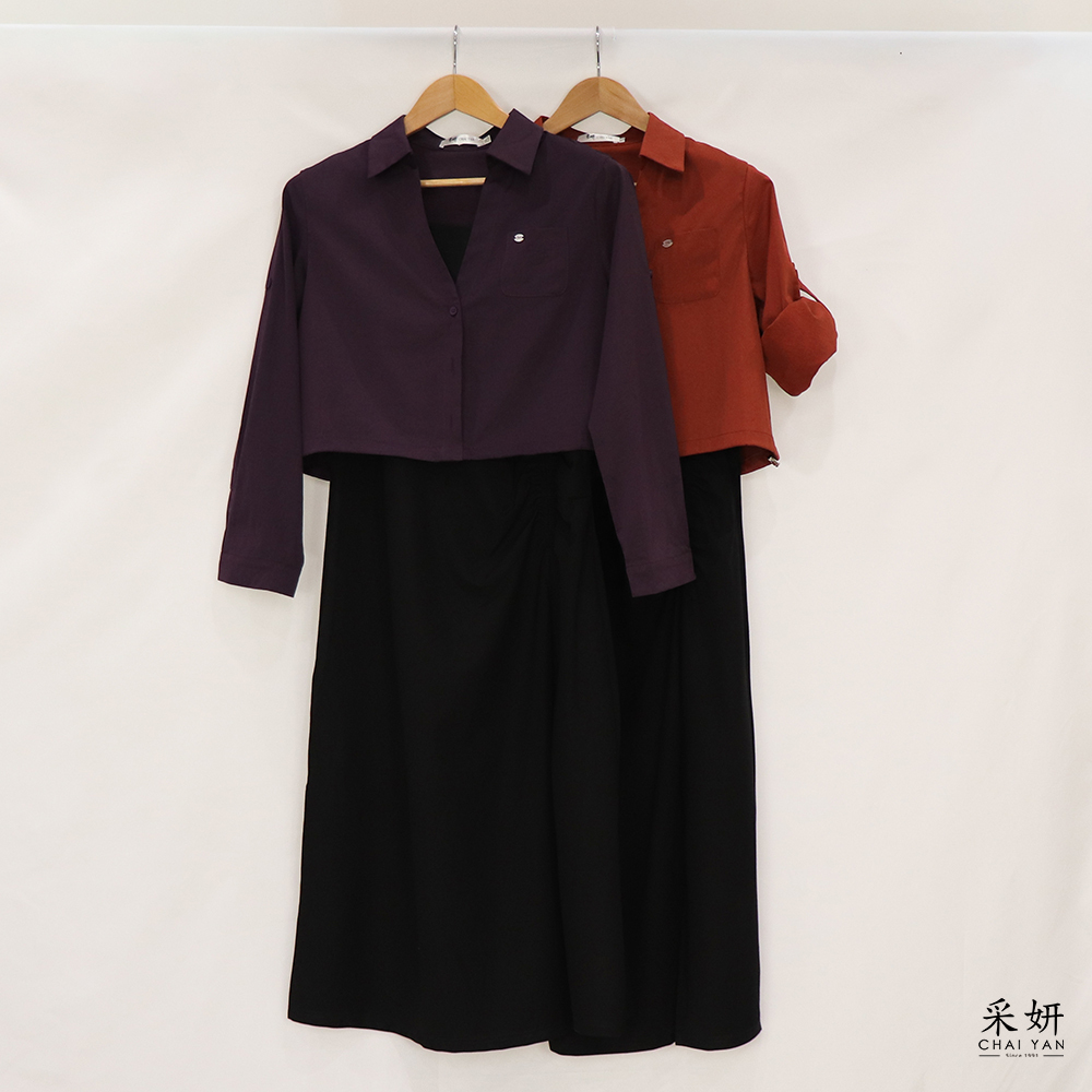 二件式 深V長袖襯衫上衣+寬肩帶方領長洋裝