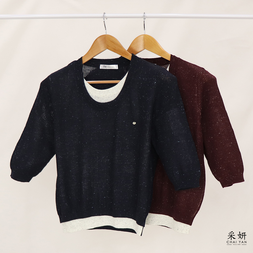 假兩件雪花羅紋針織圓領半袖上衣