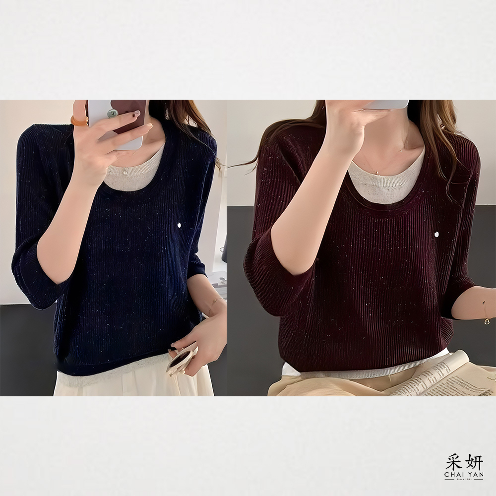 假兩件雪花羅紋針織圓領半袖上衣