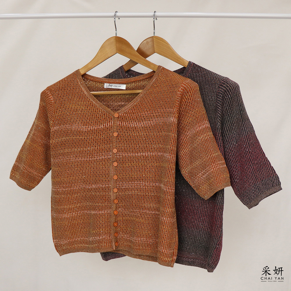 跳色金蔥假排扣針織V領半袖上衣
