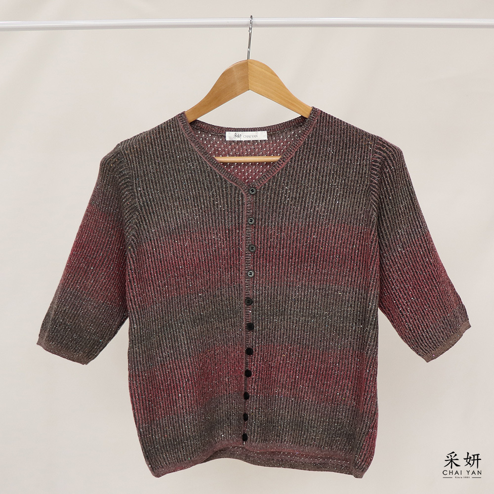 跳色金蔥假排扣針織V領半袖上衣