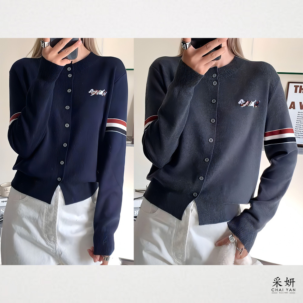 臘腸狗刺繡針織圓領開襟長袖上衣