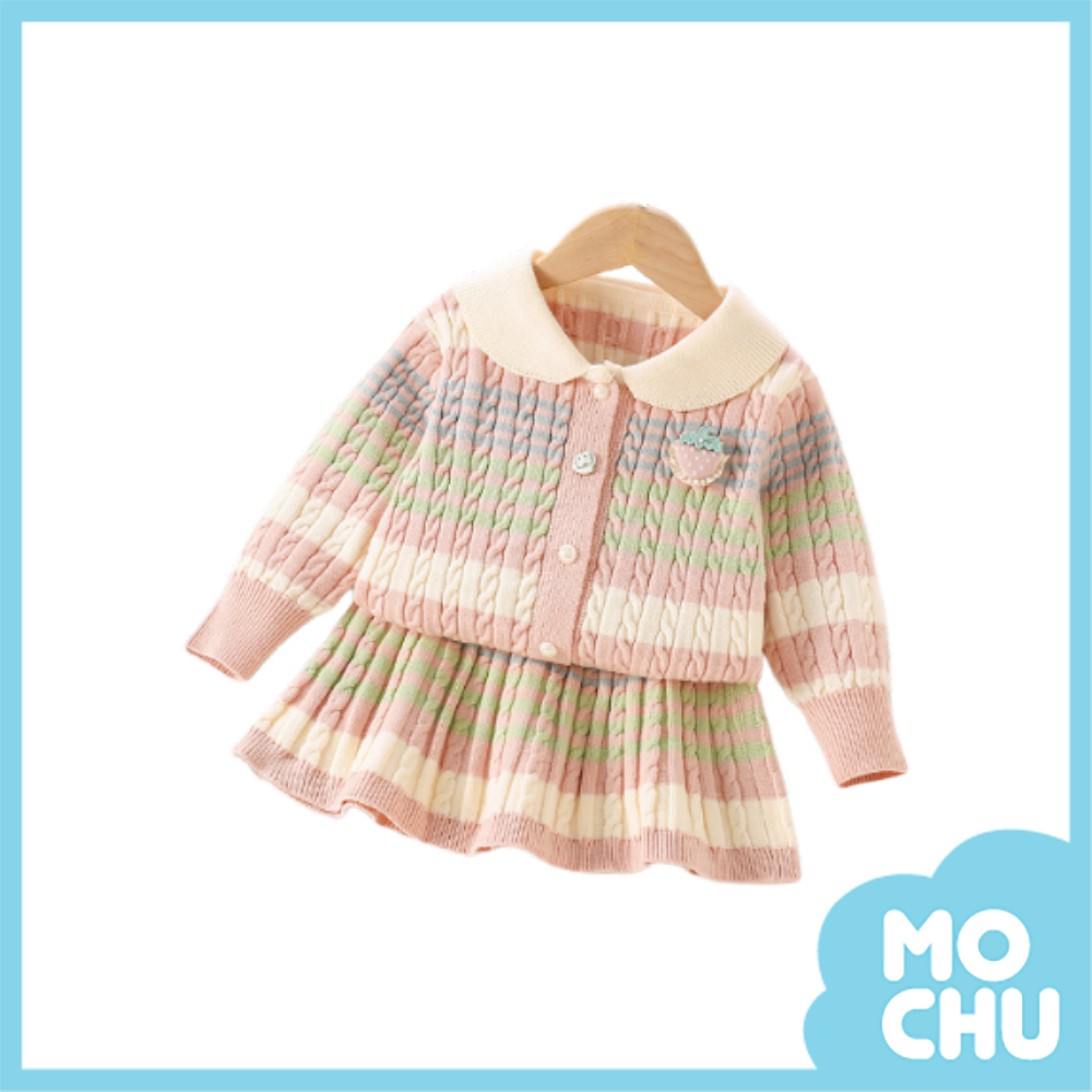 草莓彩條麻花針織套裝(三色)