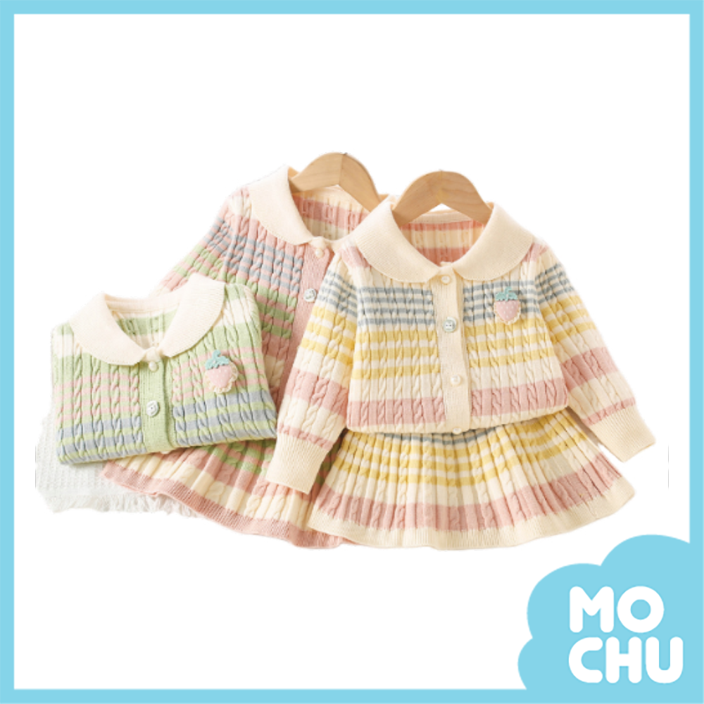 草莓彩條麻花針織套裝(三色)