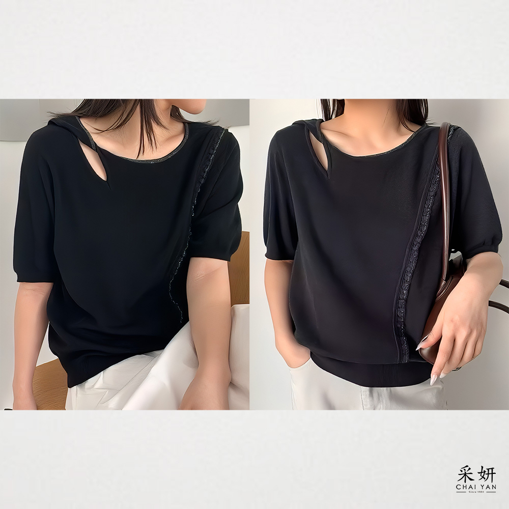 蕾絲拼接鎖骨鏤空針織圓領半袖上衣
