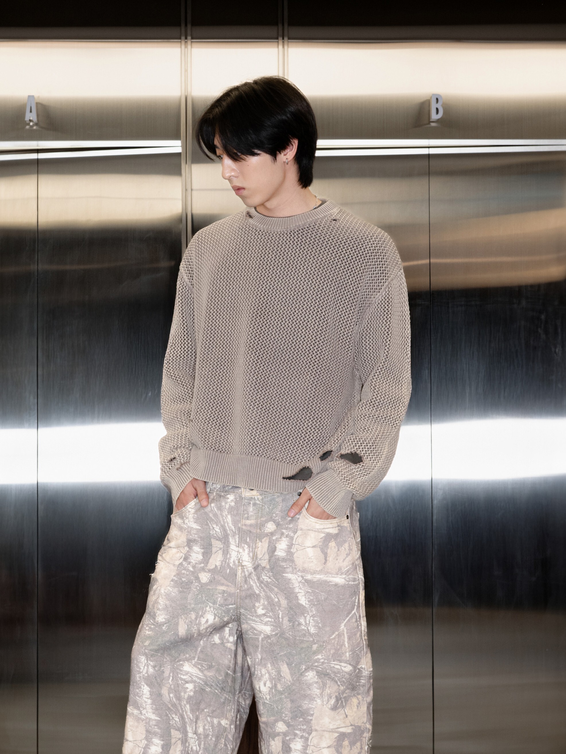 SIMON MADE TL-2417 鎖鏈 舊化 破壞 針織 大學T