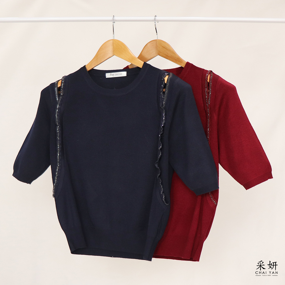 雙邊蕾絲水鑽拼接針織圓領半袖上衣