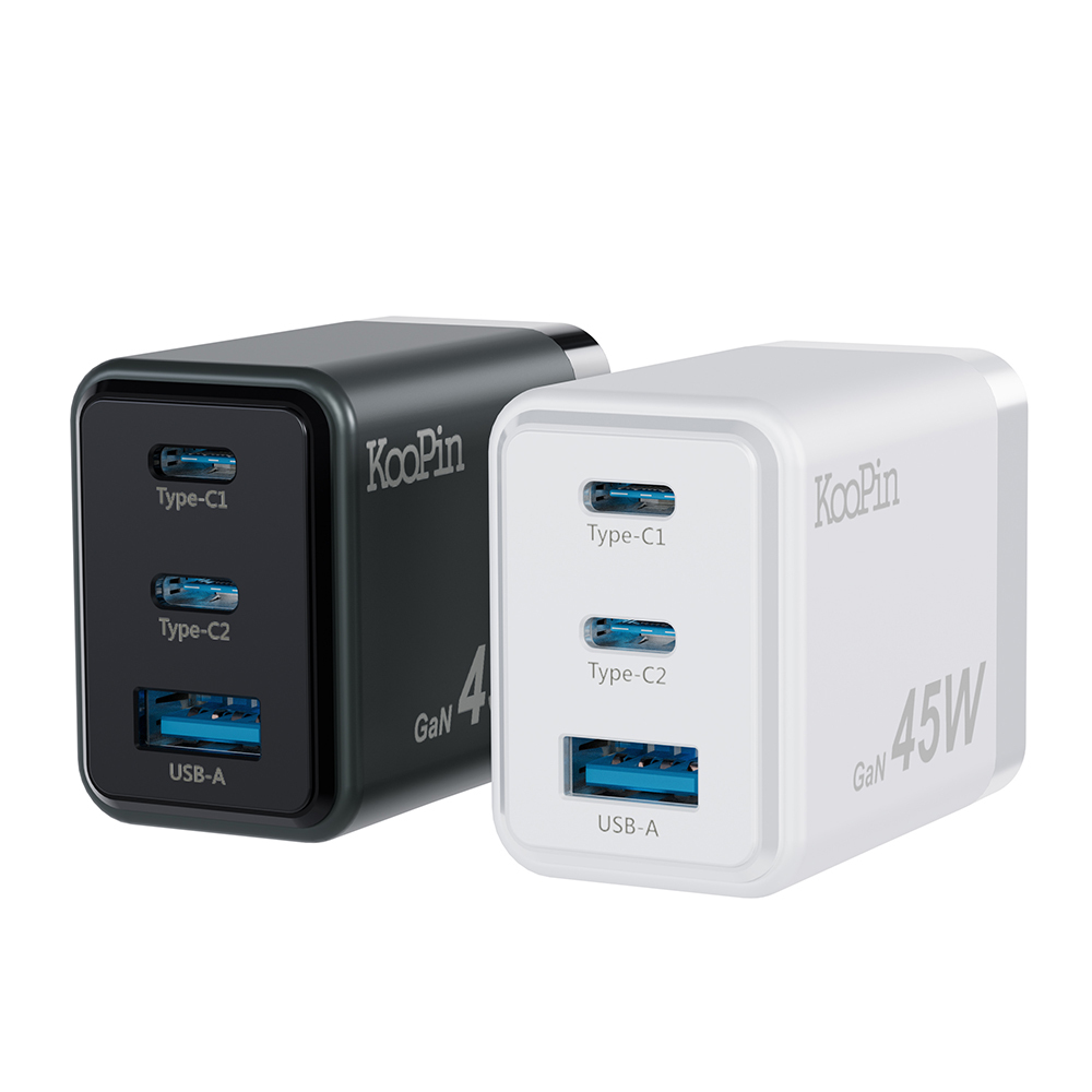 KooPin 氮化鎵 45W雙USB-C+USB-A手機急速快充充電器【台灣製造】