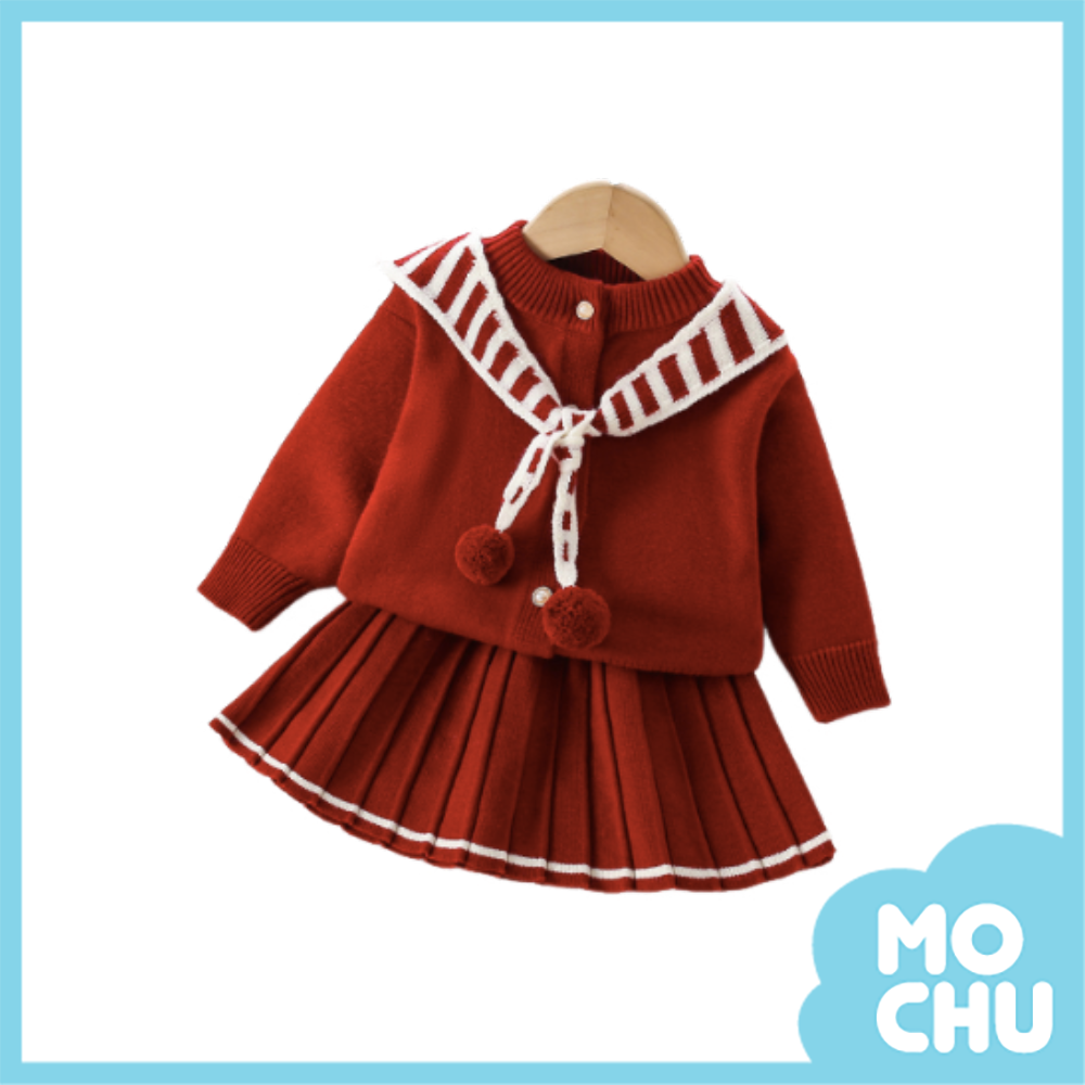 條紋球球披肩針織套裝(二色)