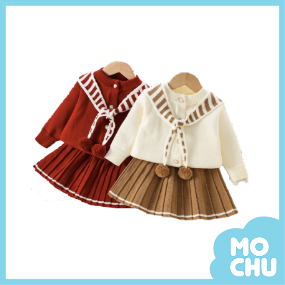 條紋球球披肩針織套裝(二色)