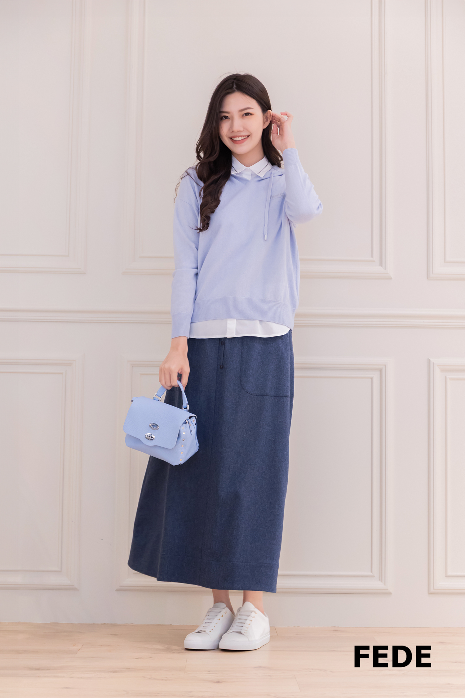 LORENA 羅紋抽繩A字裙(藍)