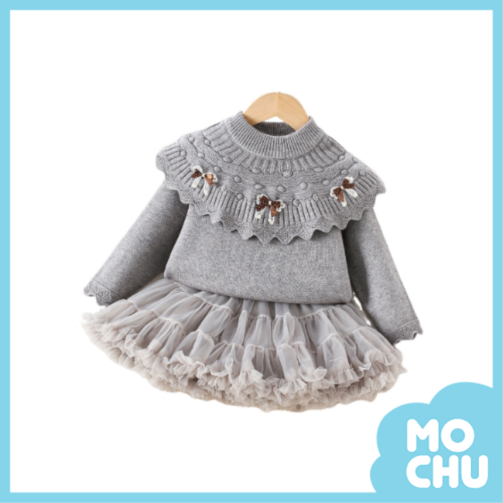 蝴蝶結荷葉披肩領紗裙套裝(三色)