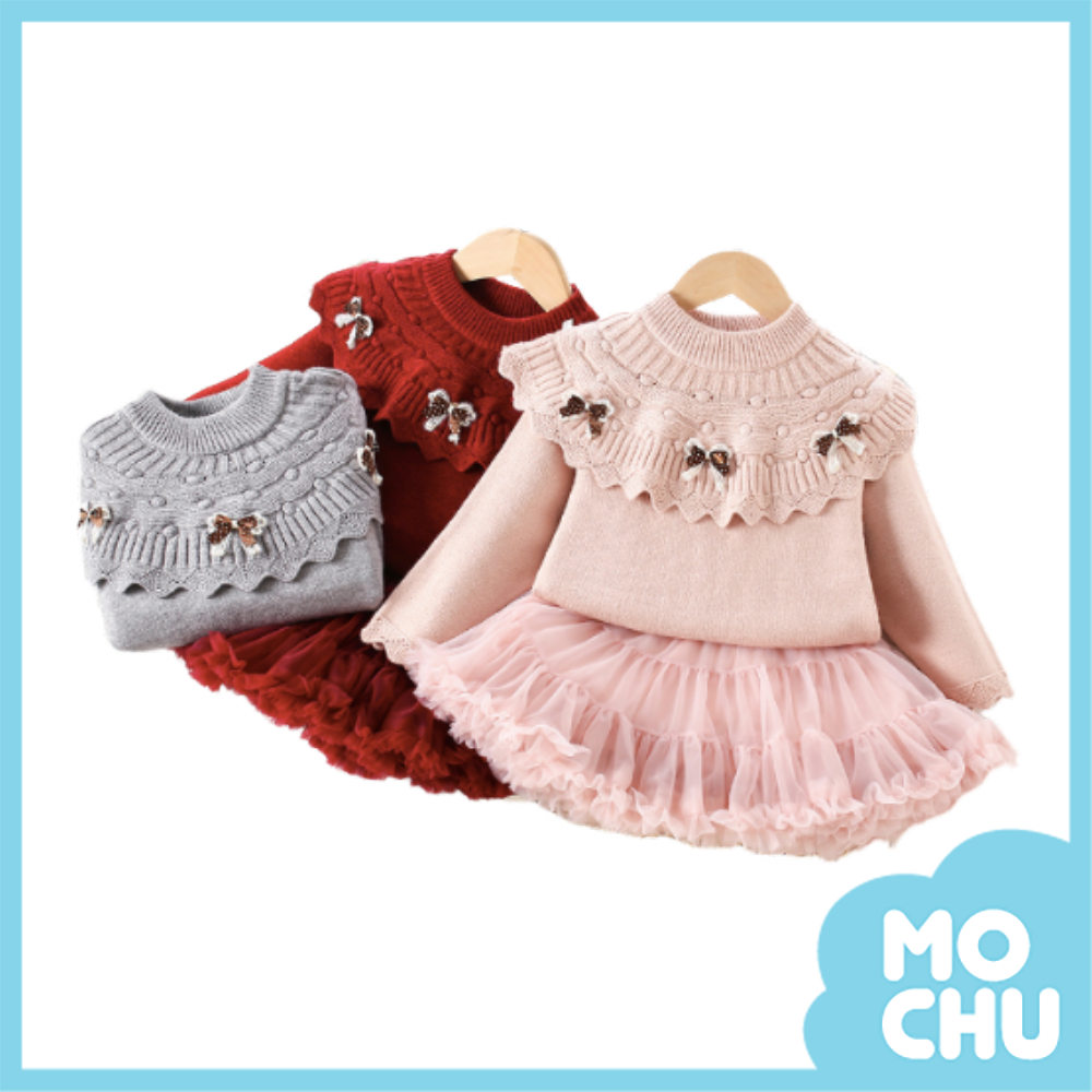 蝴蝶結荷葉披肩領紗裙套裝(三色)