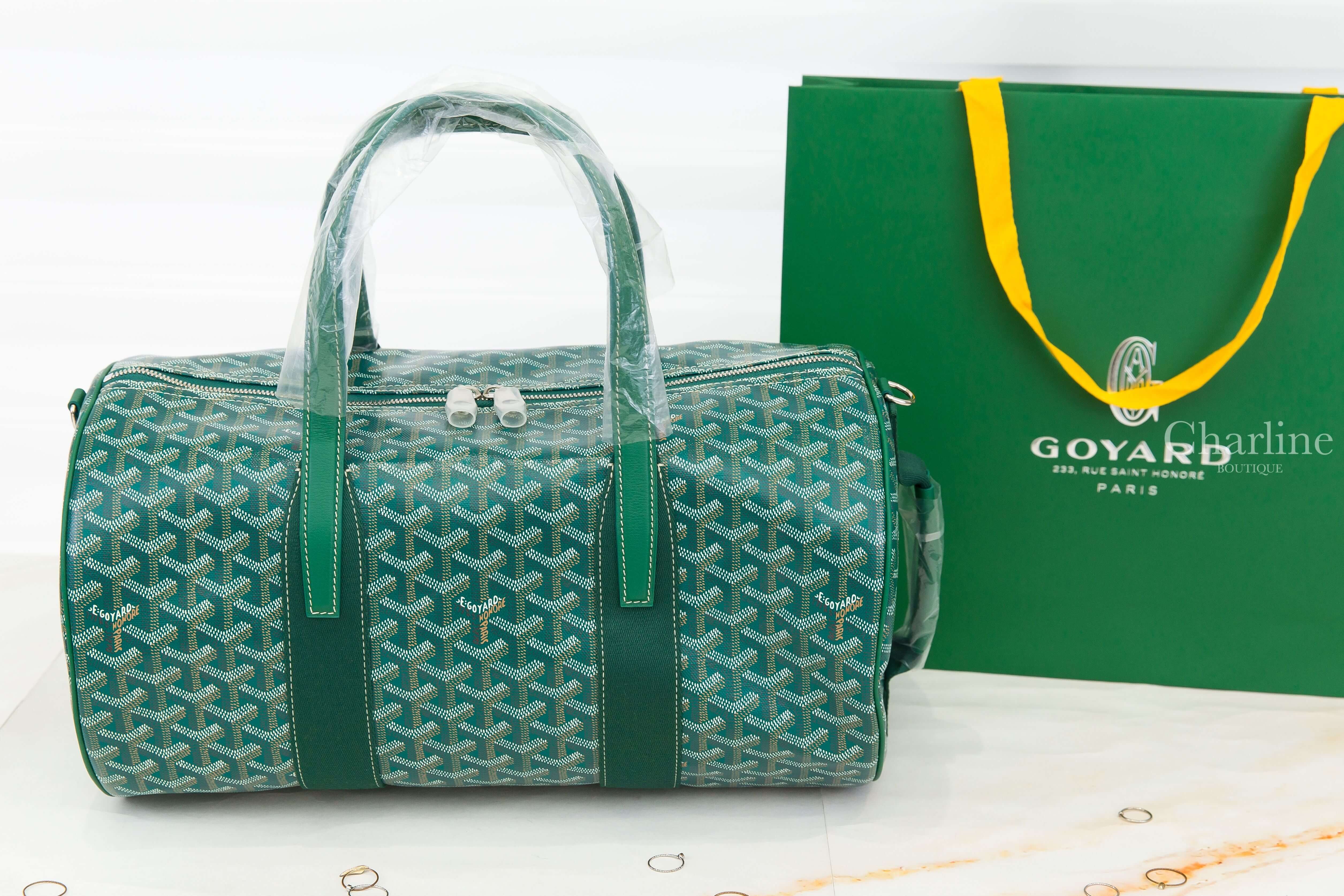 Goyard Barrel 40 Sports Bag 綠色帆布小牛皮同色側邊提把圓筒手提包-Charline Boutique 精品代購