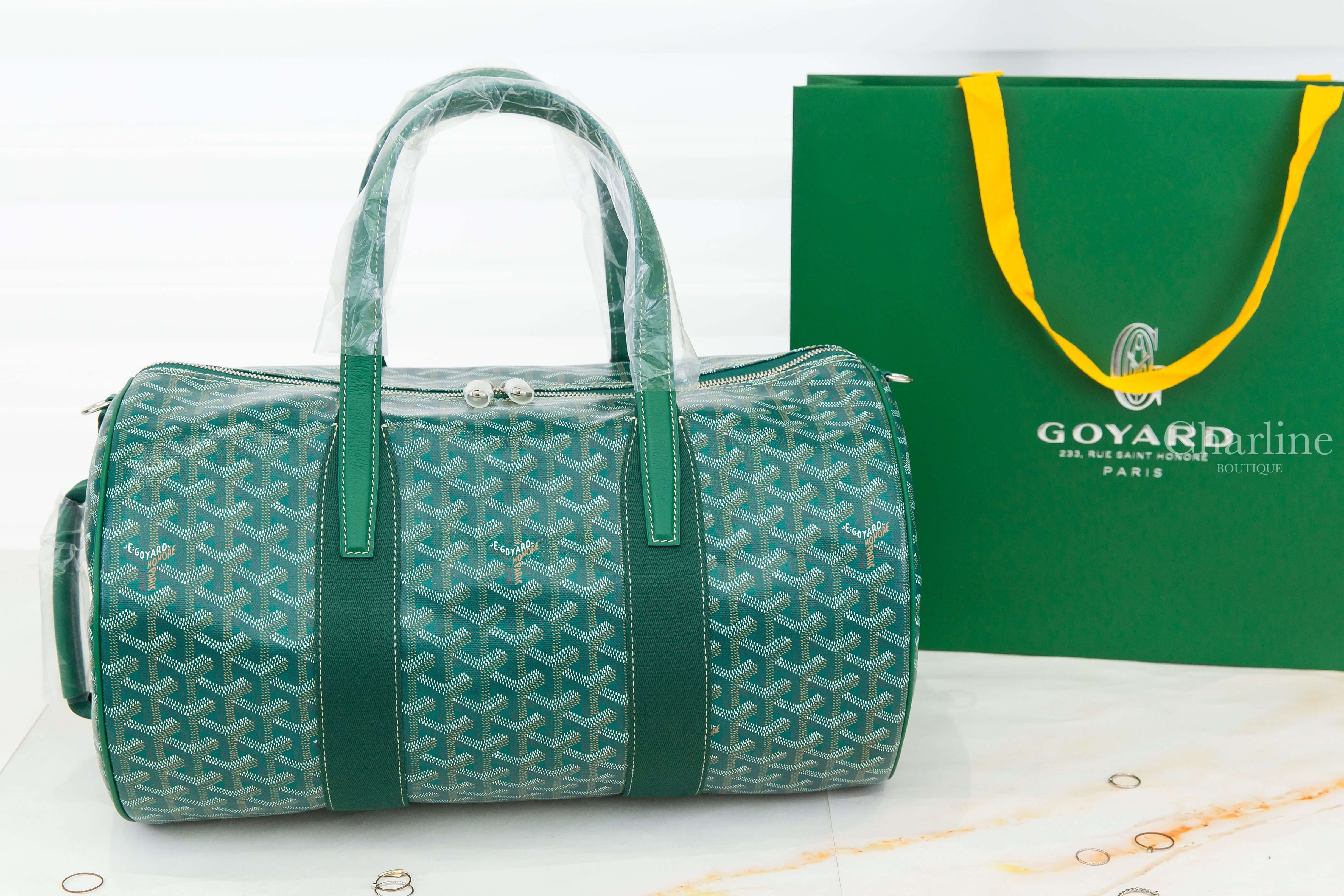 Goyard Barrel 40 Sports Bag 綠色帆布小牛皮同色側邊提把圓筒手提包