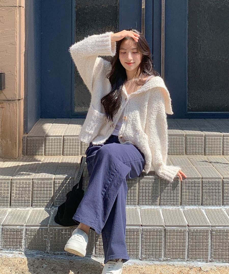 韓國Cherrykoko授權 棉花糖毛絨水手領口袋排扣開衫