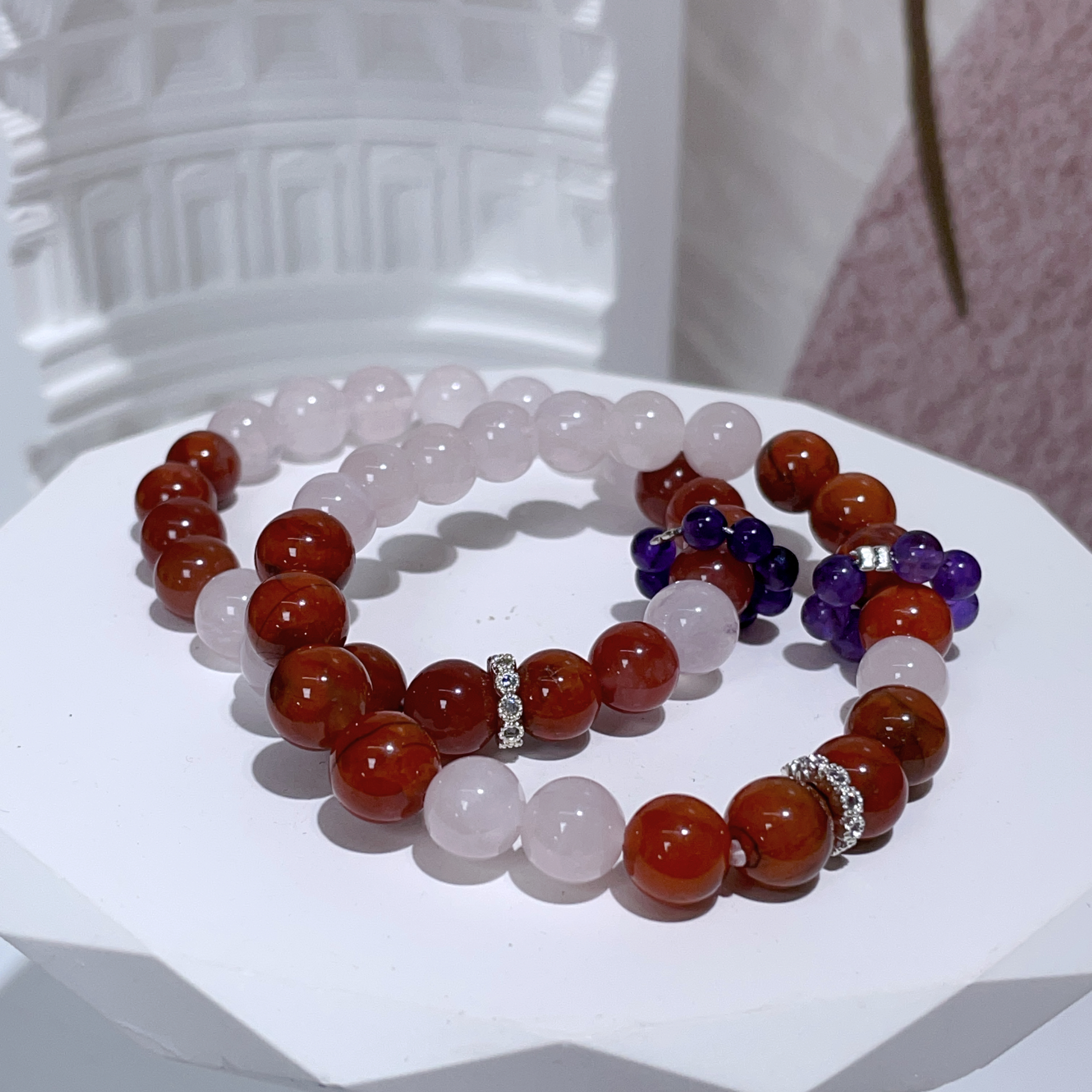 粉水晶拼南紅瑪瑙紫水晶跑環DIY手串 8mm