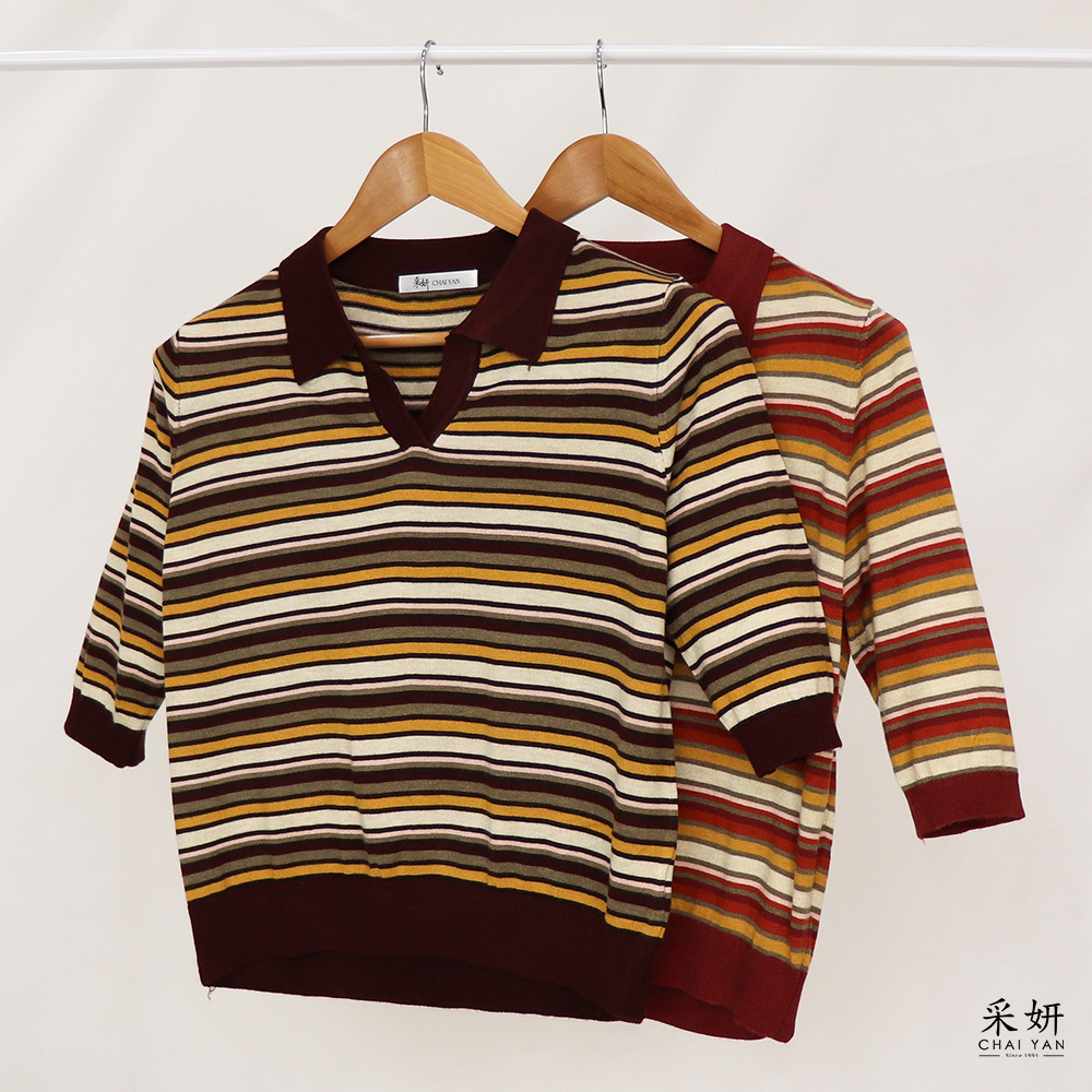 跳色條紋針織小V翻領半袖上衣