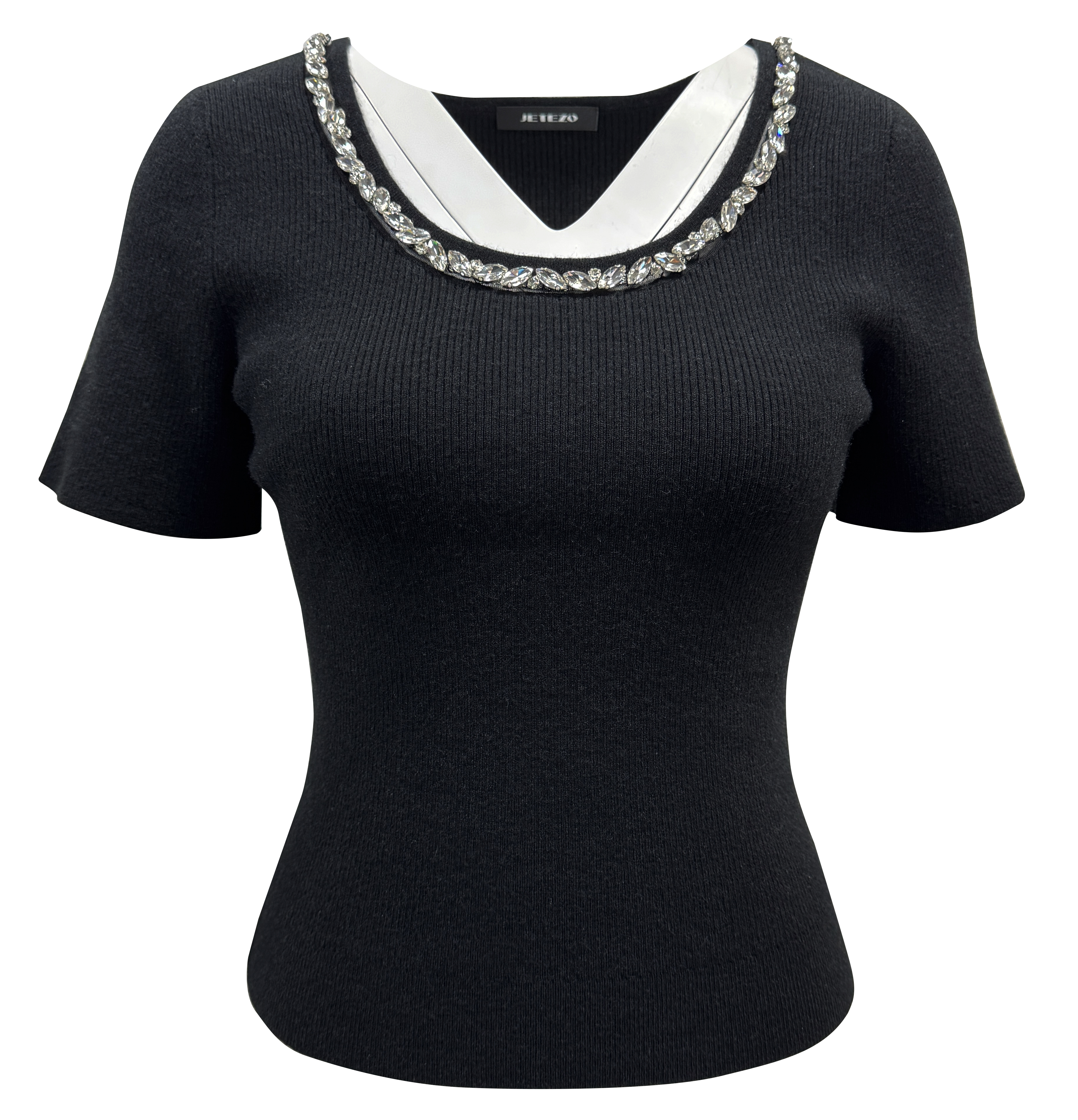 BE15235A1 雅緻光采鑽飾領修身針織上衣 (2色)