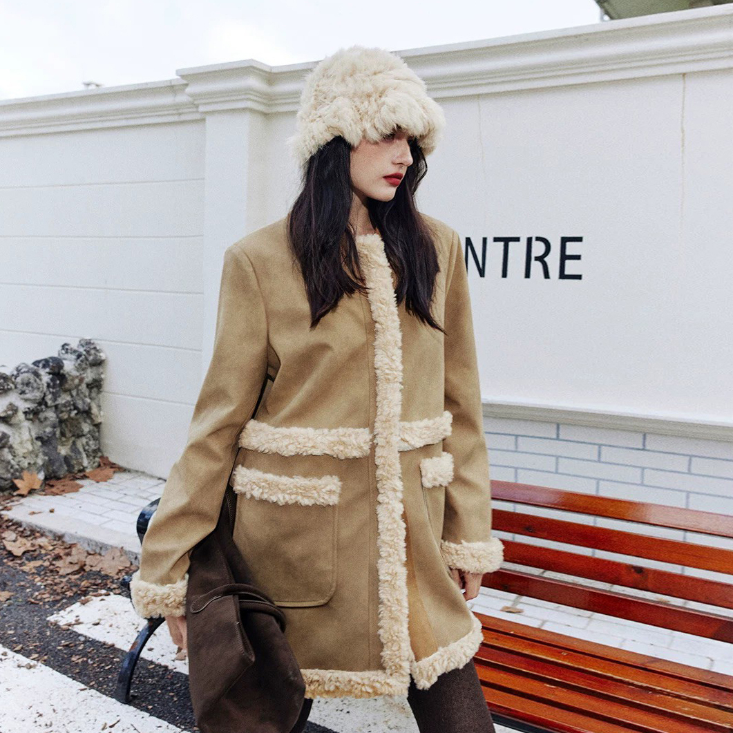 焦糖駝QQ羊羔毛拼接翻領短大衣外套-XS-M (Elegant & Love)