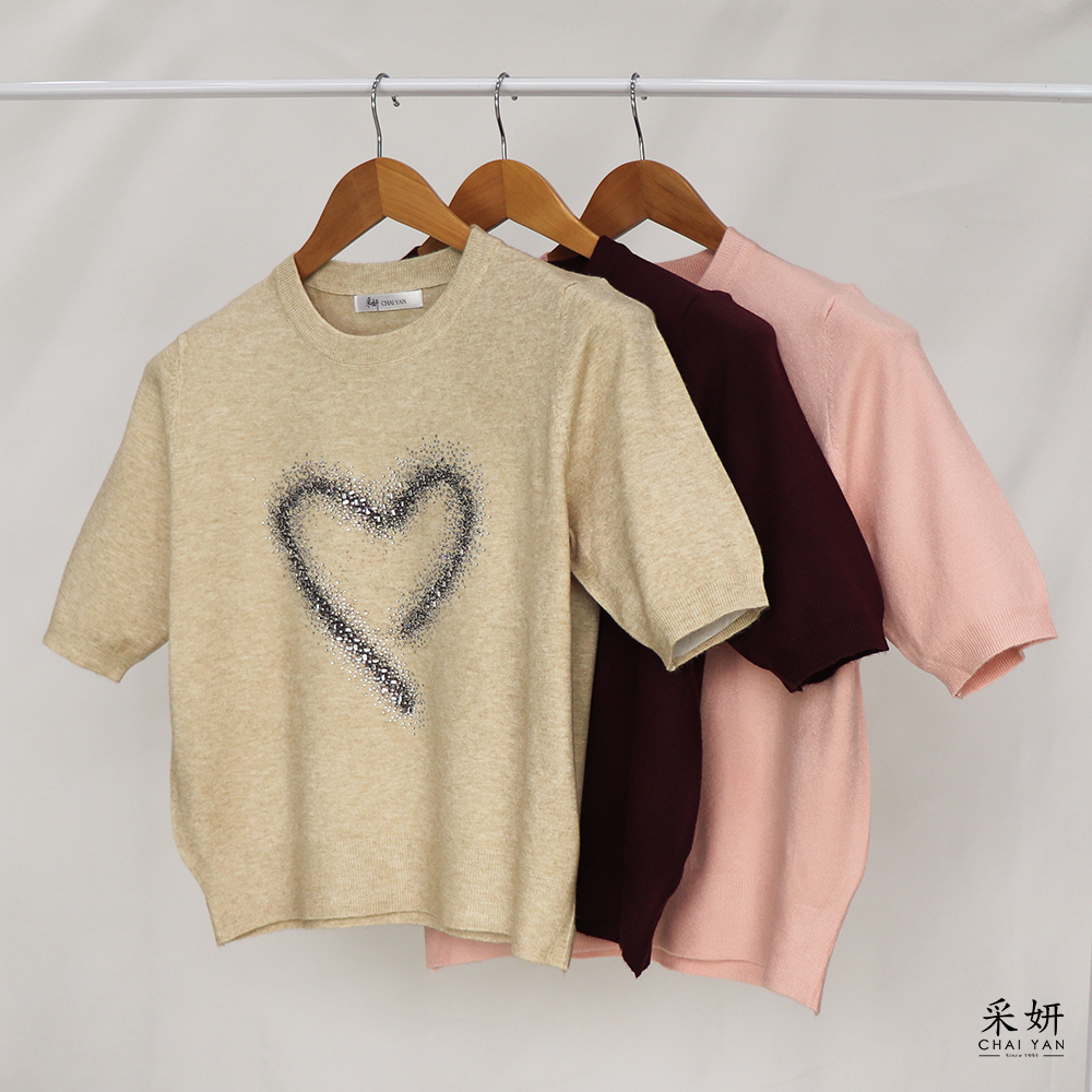 愛心水鑽針織圓領半袖上衣