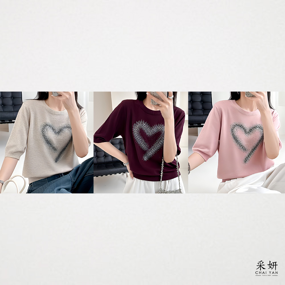 愛心水鑽針織圓領半袖上衣