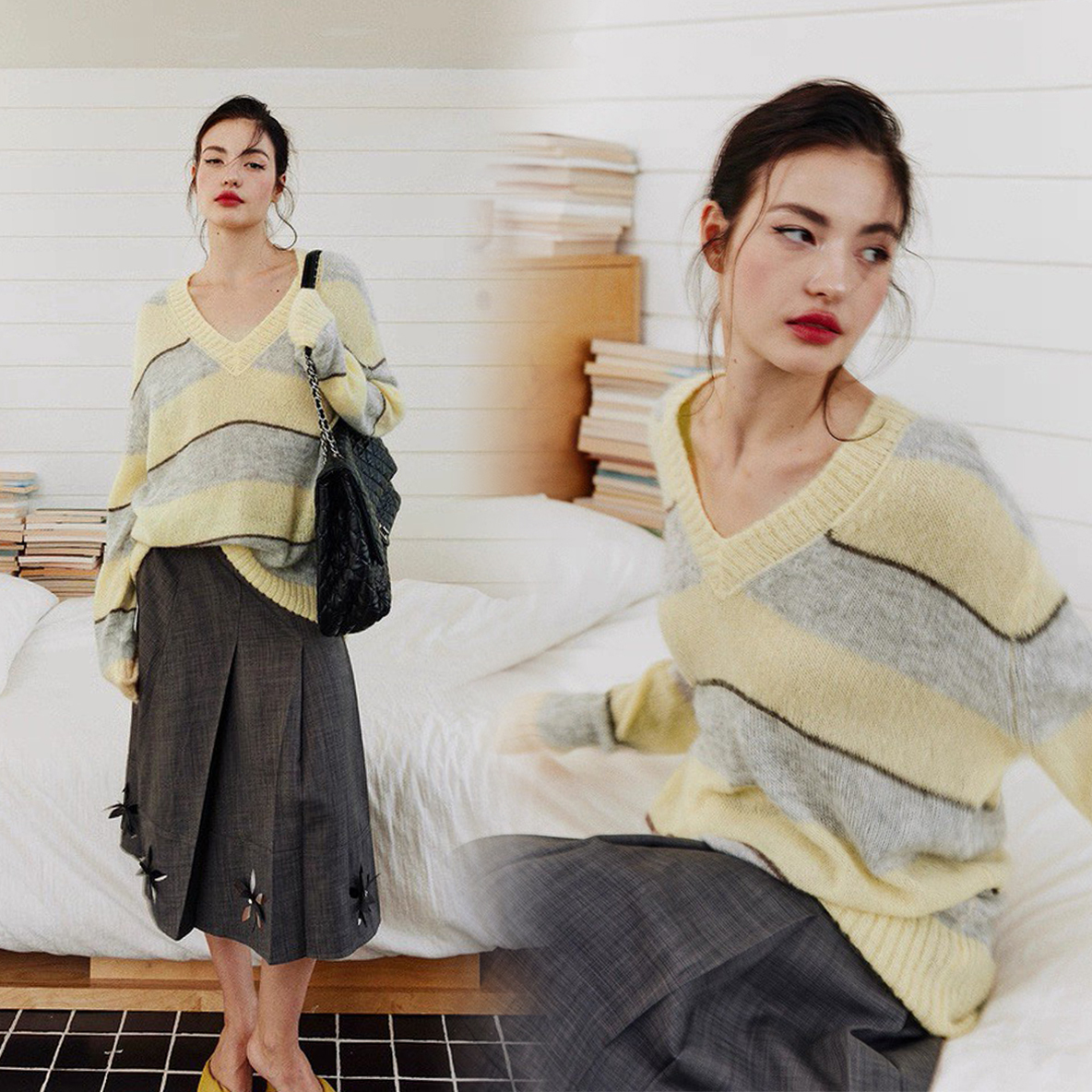 檸檬黃雙配色橫條紋V領羊毛針織上衣-S-M (Elegant & Love)