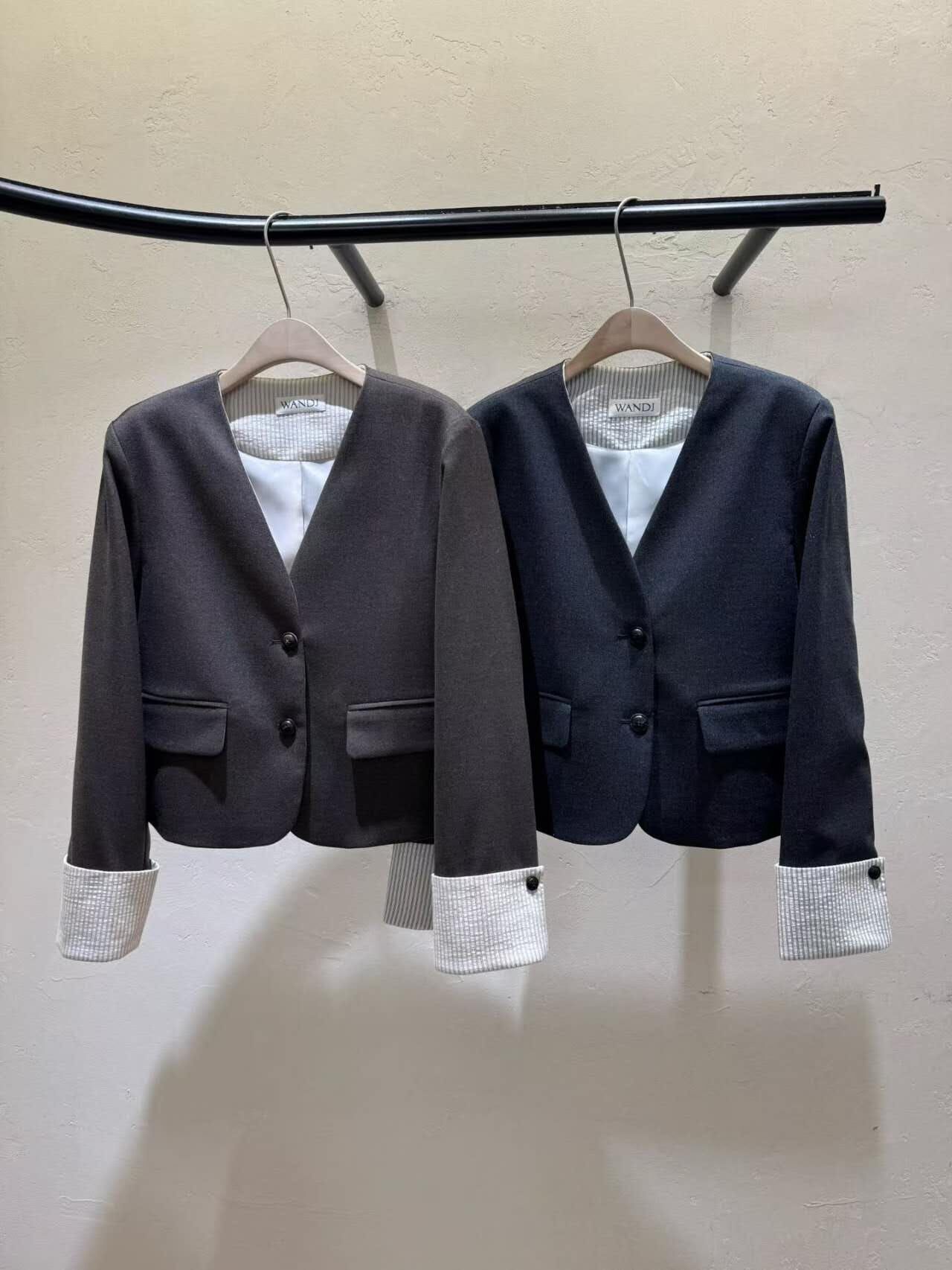 WJ5108 時尚感V領拼接袖西裝外套