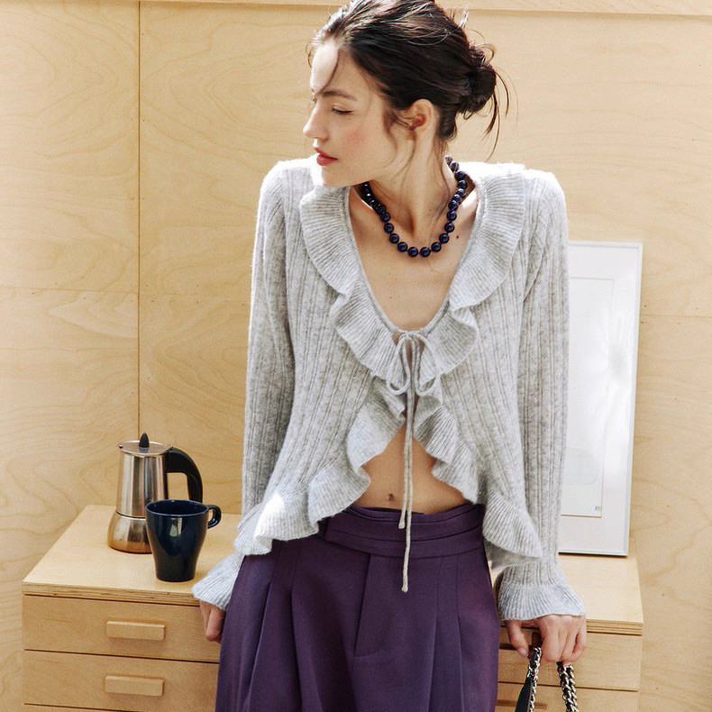 荷葉滾邊綁帶亮片羊毛罩衫上衣-F / 4色 (Elegant & Love)