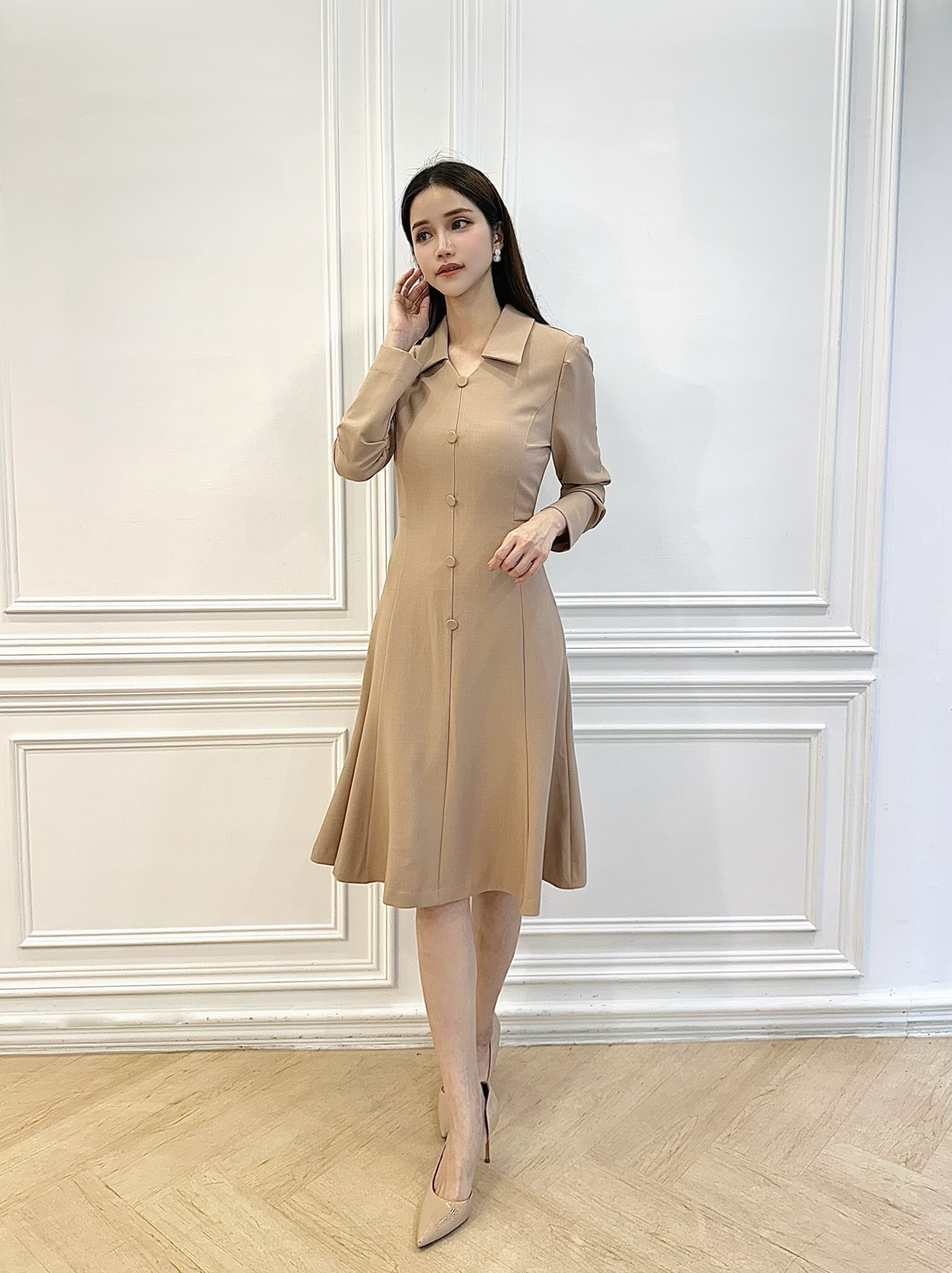 翻領包布釦魚尾洋裝