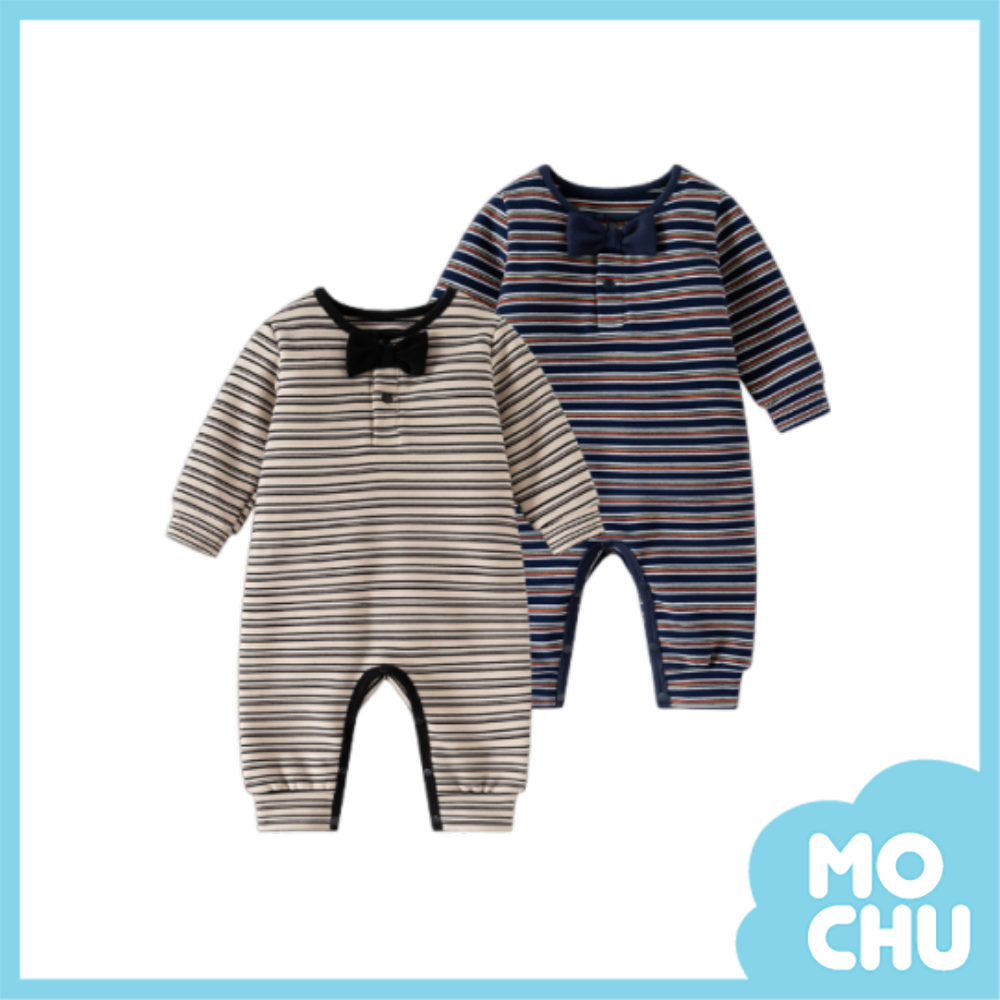 領結條紋德絨長袖連身衣(二色)