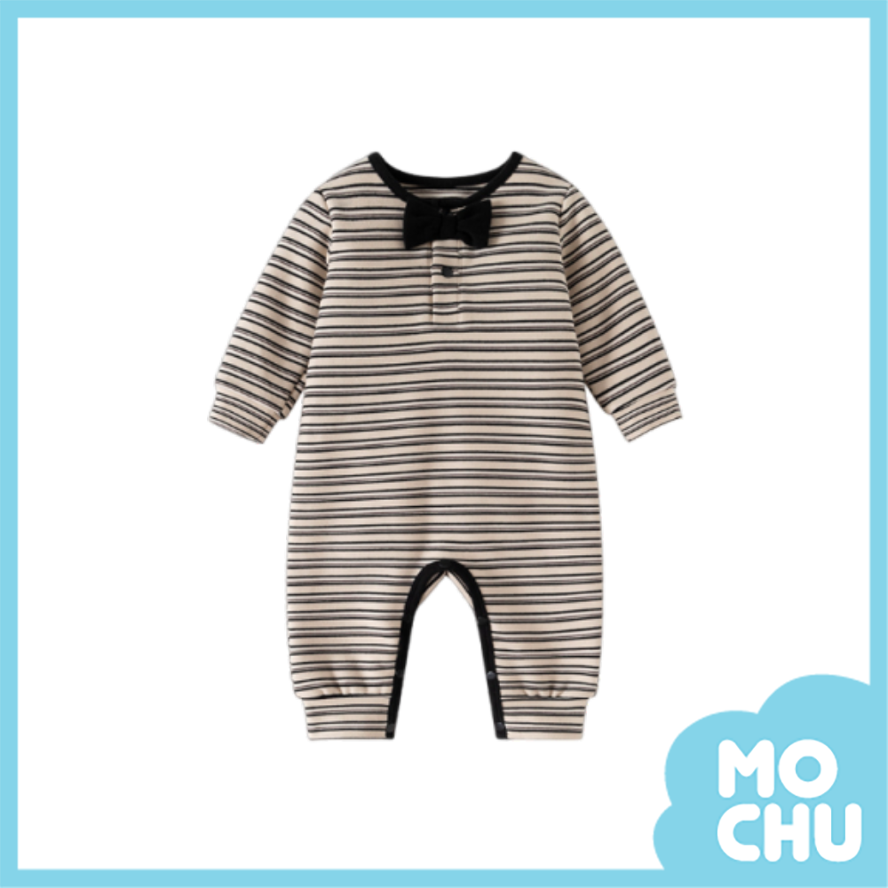 領結條紋德絨長袖連身衣(二色)