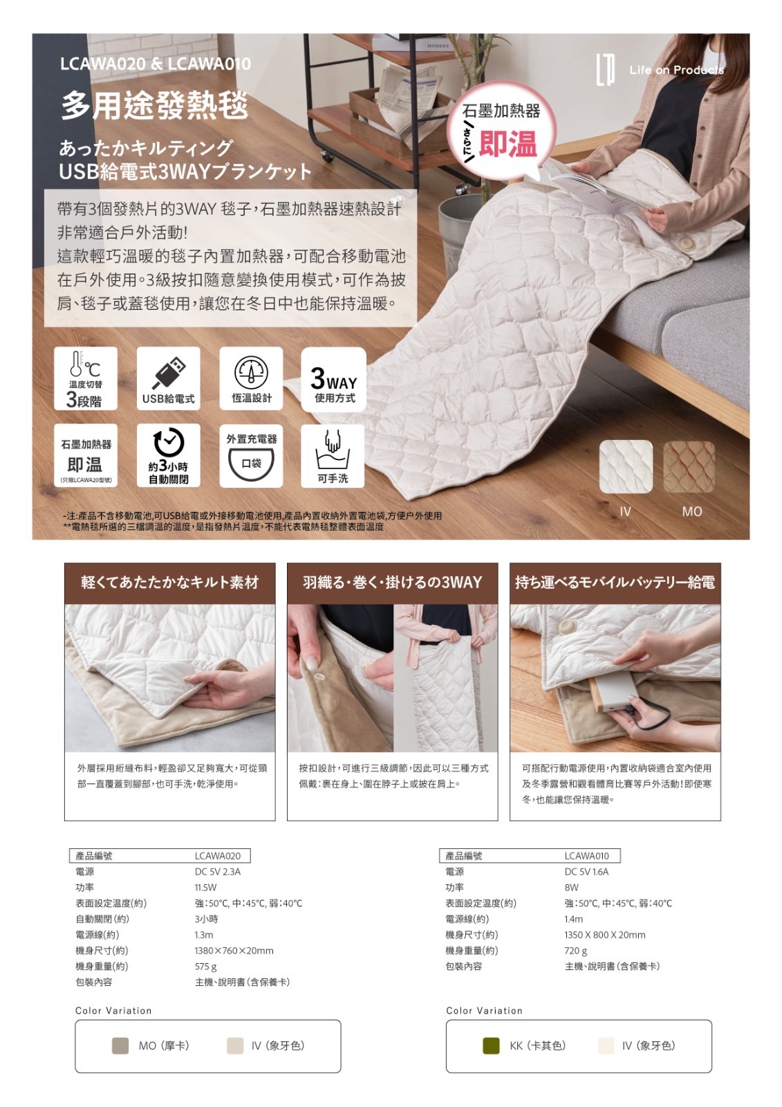 Life on Products LCAWA020 USB供電式多用途發熱毯