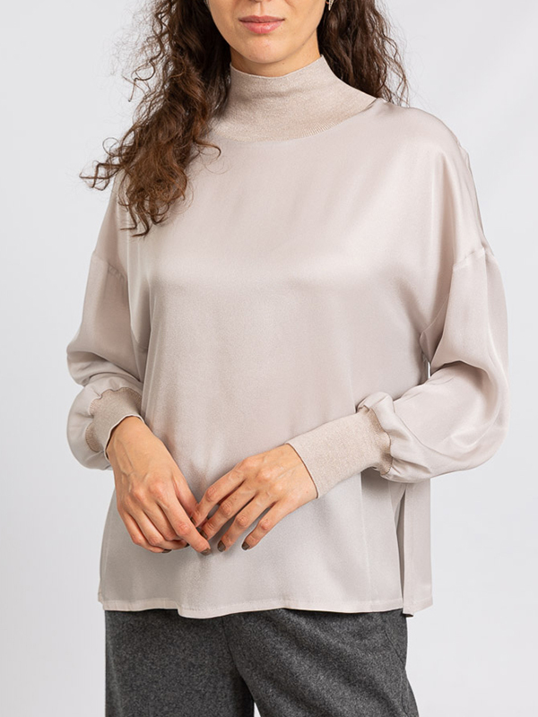 LORENA 金蔥領長袖絲上衣(米)