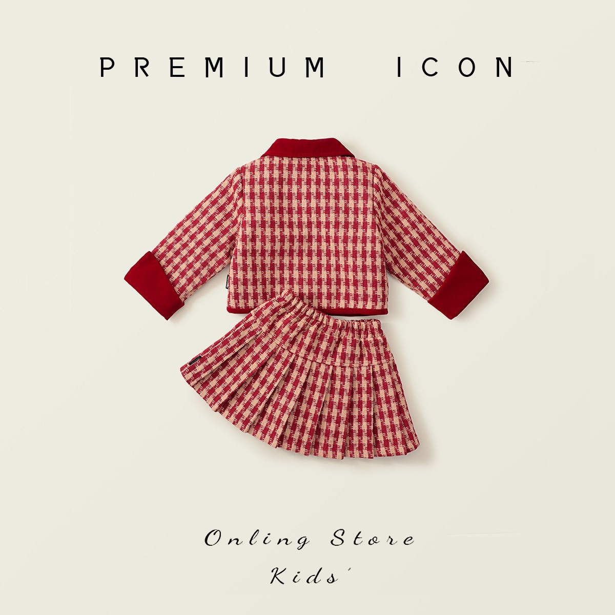 紅色格子加厚夾棉套裝