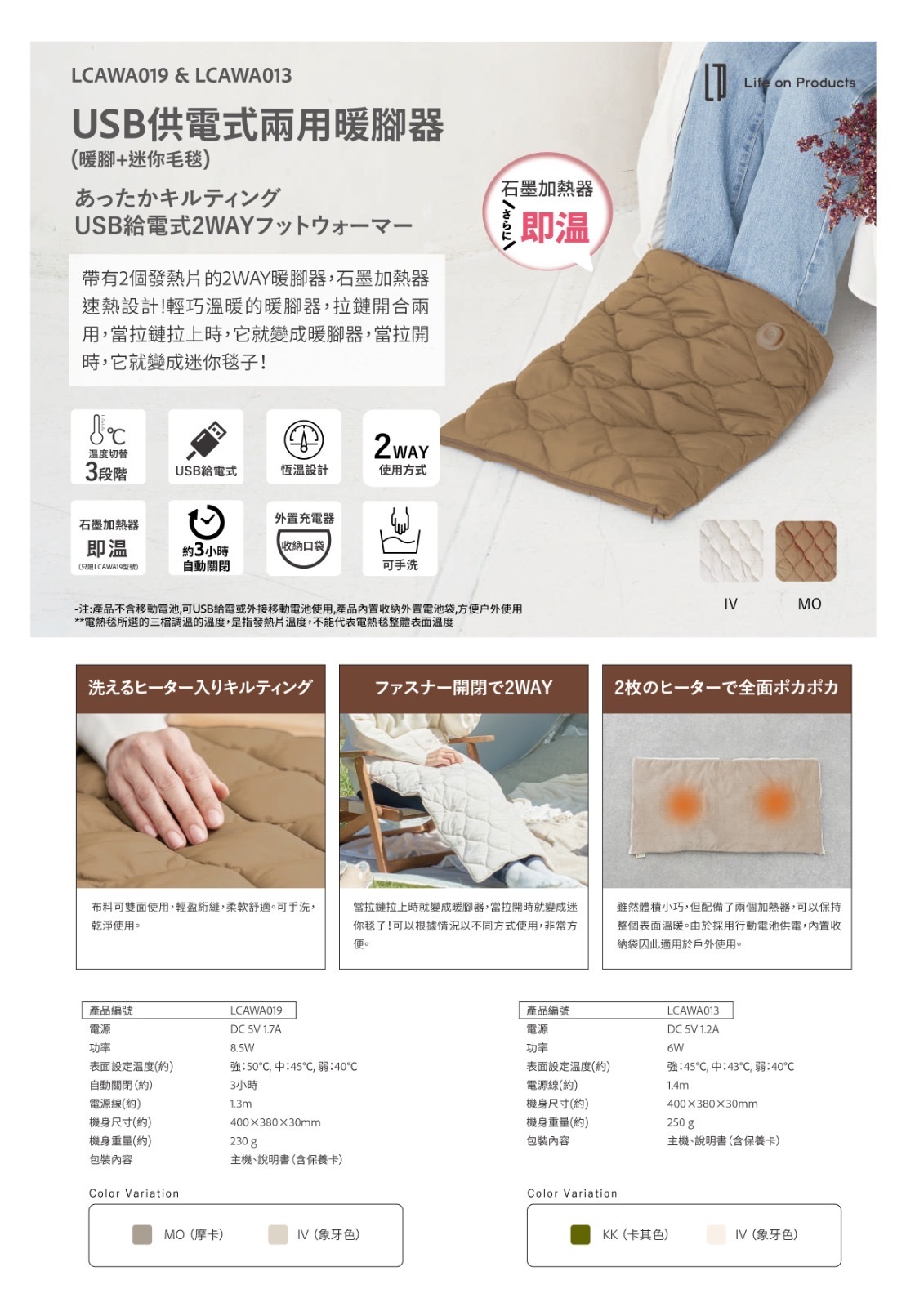 Life on Products LCAWA019 USB供電式兩用暖腳器 暖腳+迷你毛毯