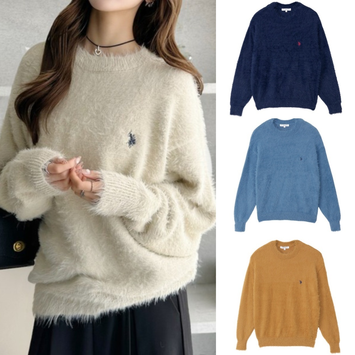 預購┃U.S. POLO ASSN. 刺繡 圓領 毛毛 羽毛針織衫 長袖 毛衣