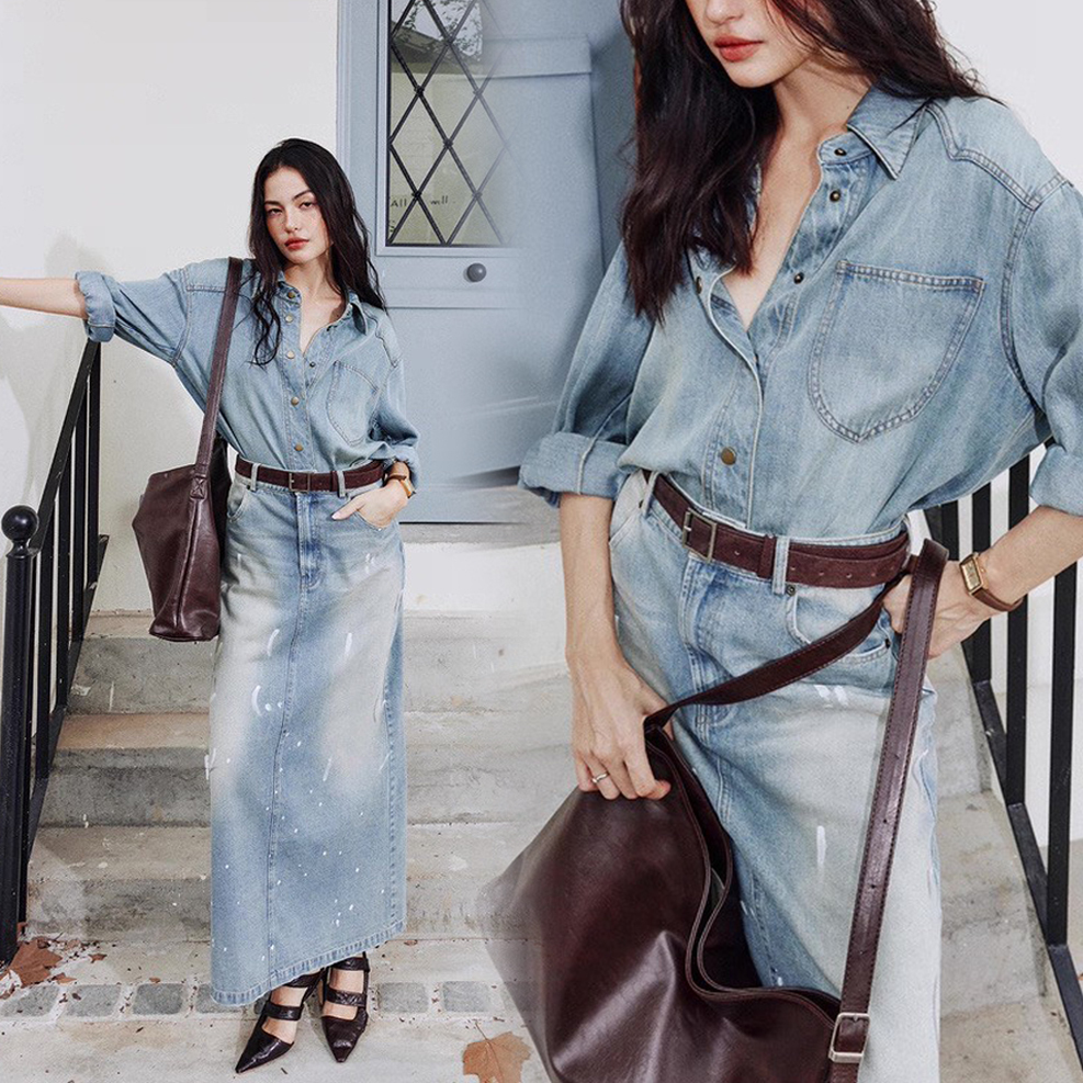 肩配色造型翻領刷色感排釦牛仔襯衫-S-M (Elegant & Love)