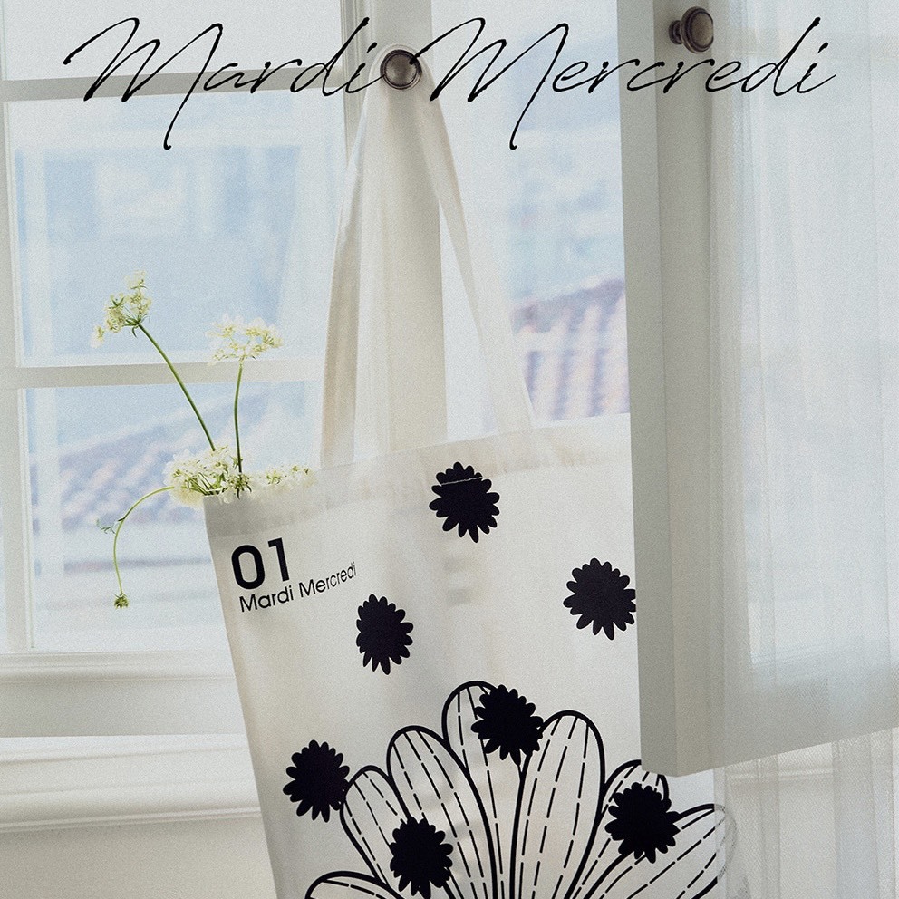 韓國 Mardi Mercredi CANVAS BAG FLOWER DOTS_WHITE BLACK 帆布包