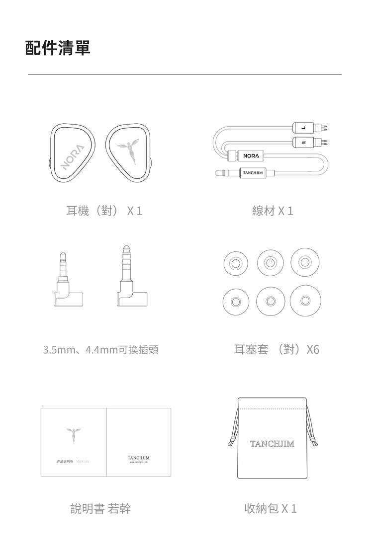 TANCHJIM NORA 單動圈入耳式監聽耳機 產品配件清單