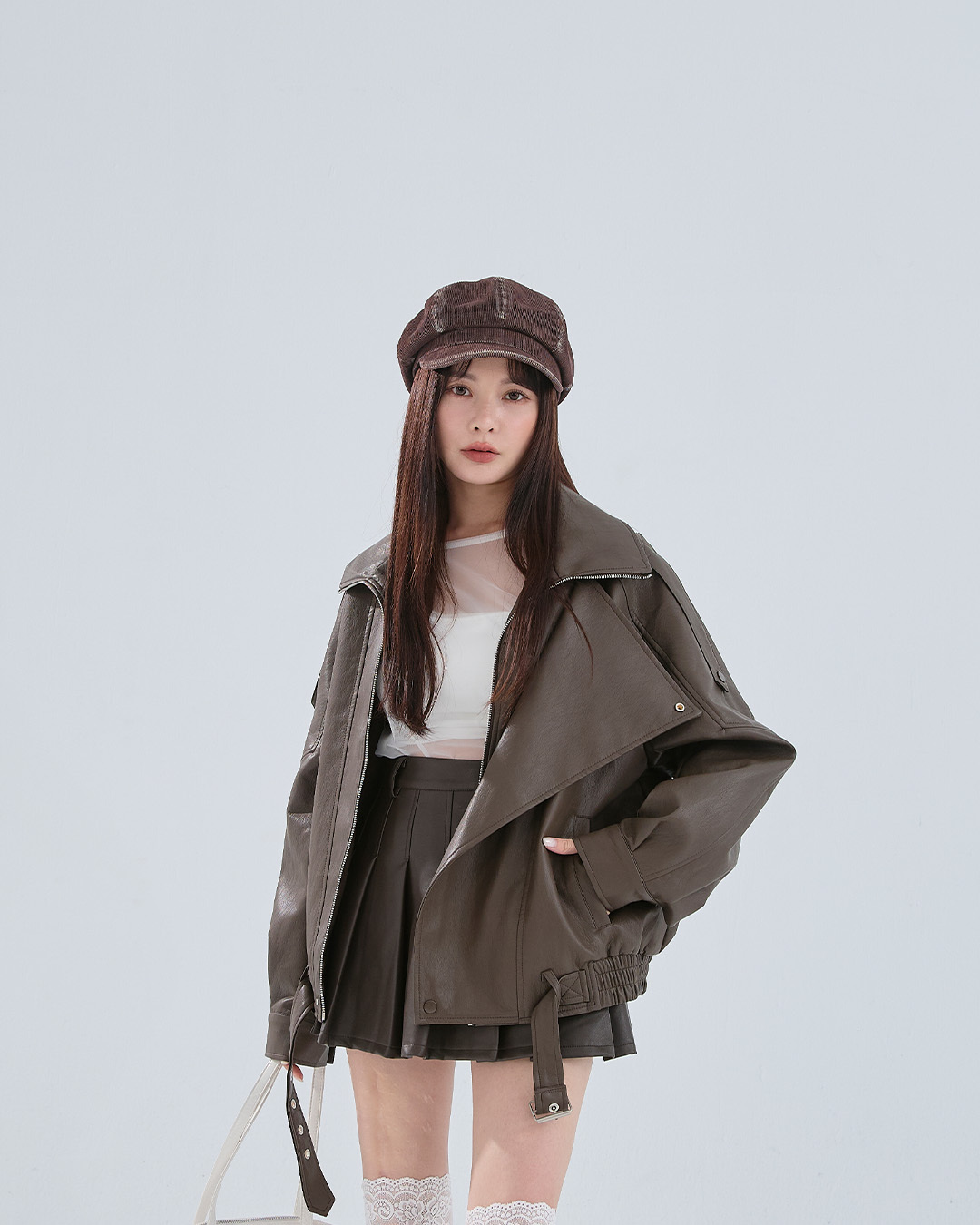 Double collar buttoned leather jacket, available in two colors【02060142】in stock+pre-order