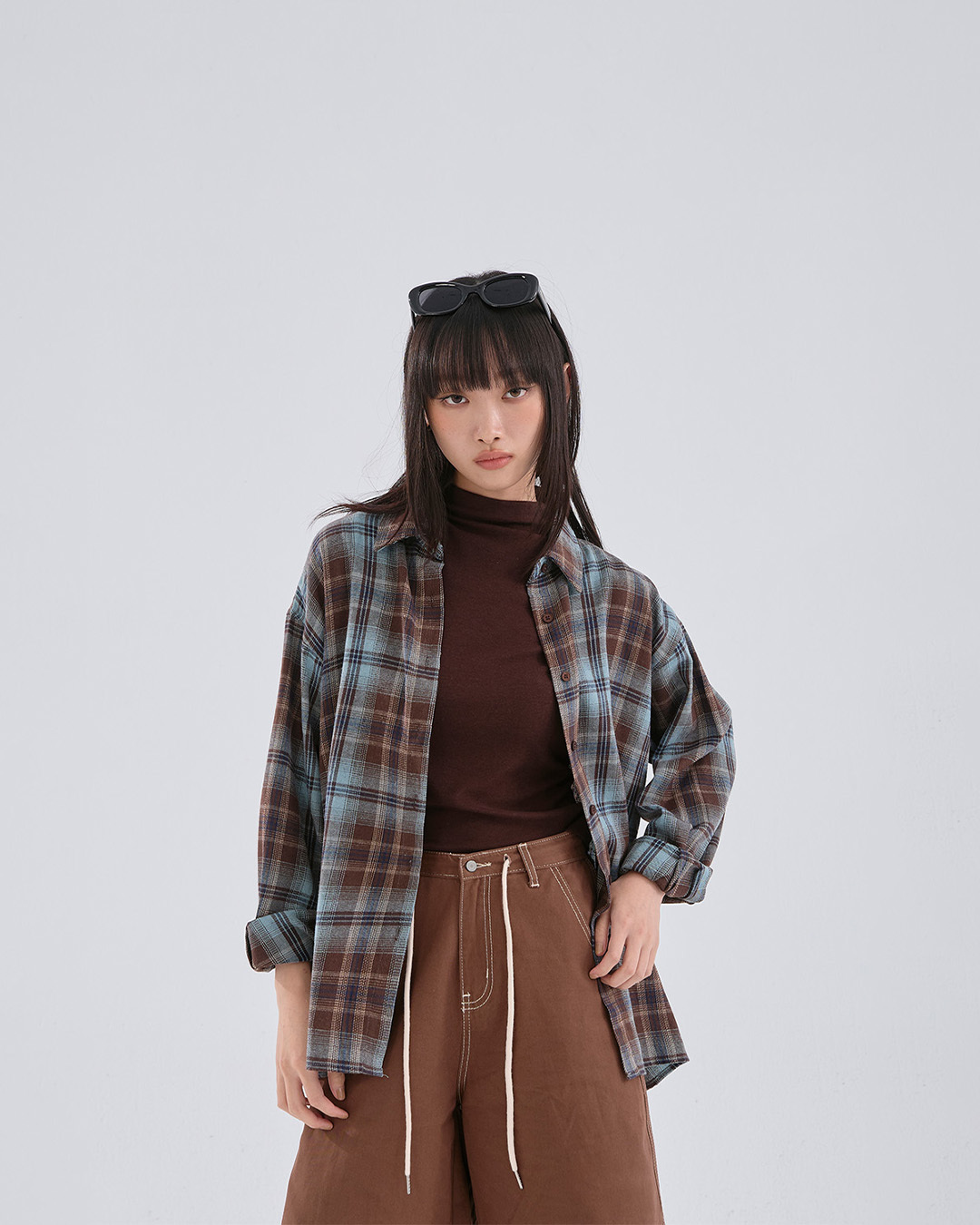 Neutral checkered woolen long-sleeved shirt (two colors available)【01025650】in stock+pre-order