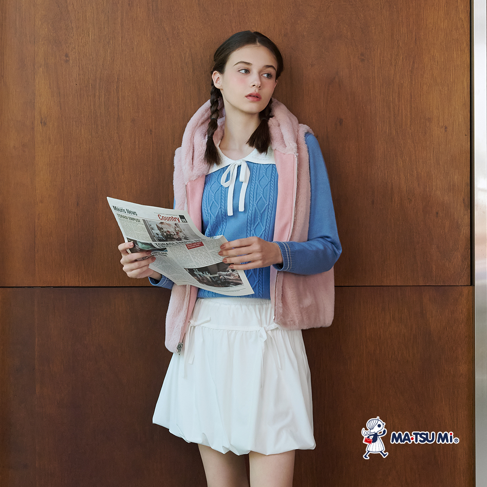 MA‧TSU Mi 撞色花邊領片設計裝飾牌麻花針織上衣(水藍.粉)